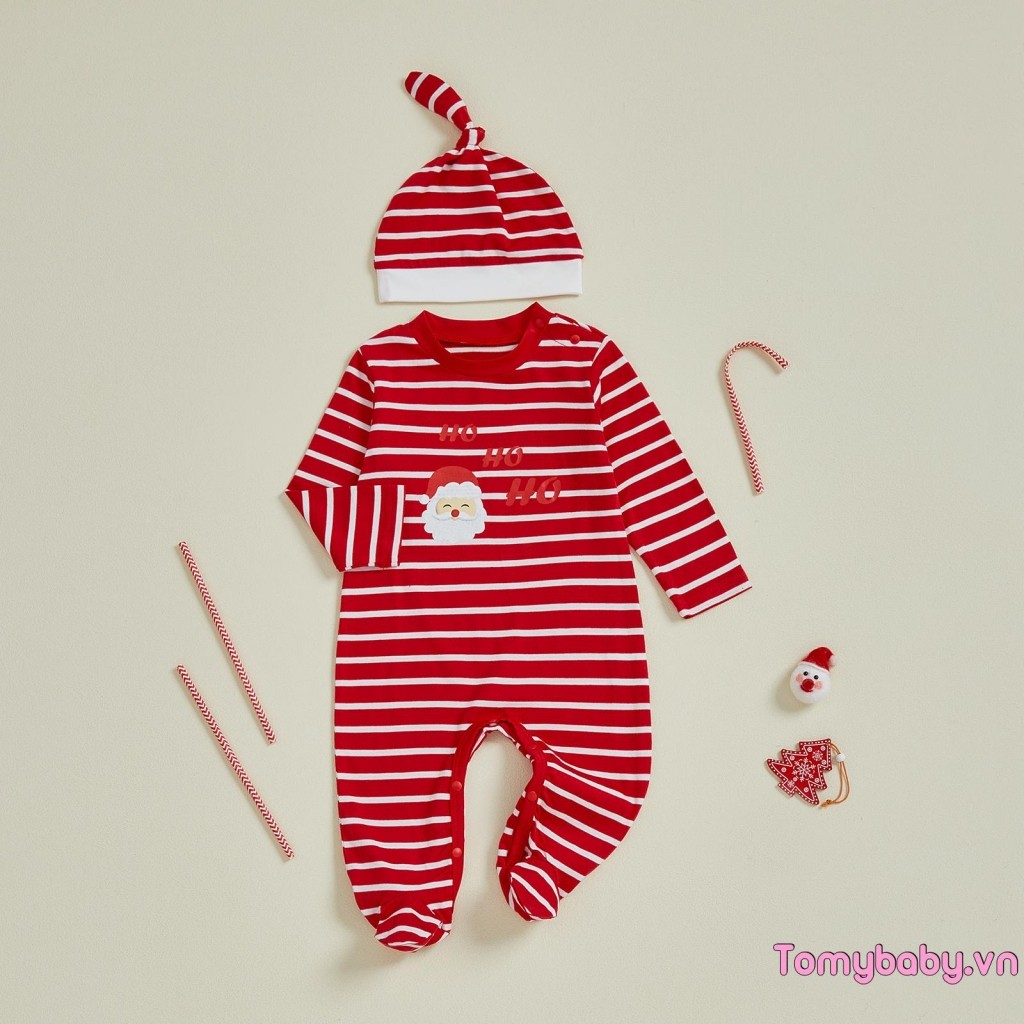 Áo liền quần sọc Giáng sinh cho bé Bộ áo liền quần dài tay in hình ông già Noel thời trang + Mũ