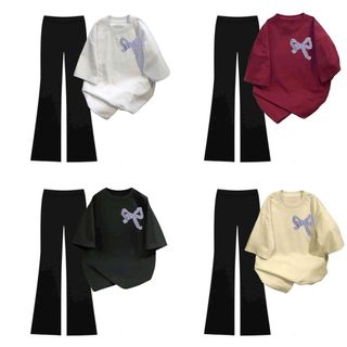 Tổng hợp các sét bộ quần ống loe chất umi +mix áo phông form rộng -hình NƠ  KẺ CARO tím-thubaquanao