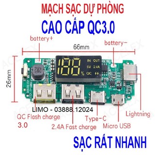 Mạch Không Giới Hạn Sạc Nhanh QC 3.0, Có LCD, Led Dual USB, Type-C, Hỗ Trợ Đa Giao Thức Sạc, DIY Power Bank