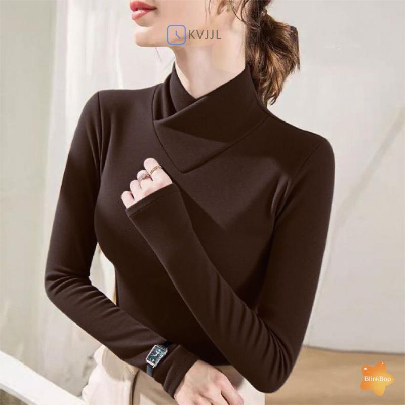Áo thun nữ dài tay giữ nhiệt, hai mặt nhung, cổ chéo mỏng, vừa vặn