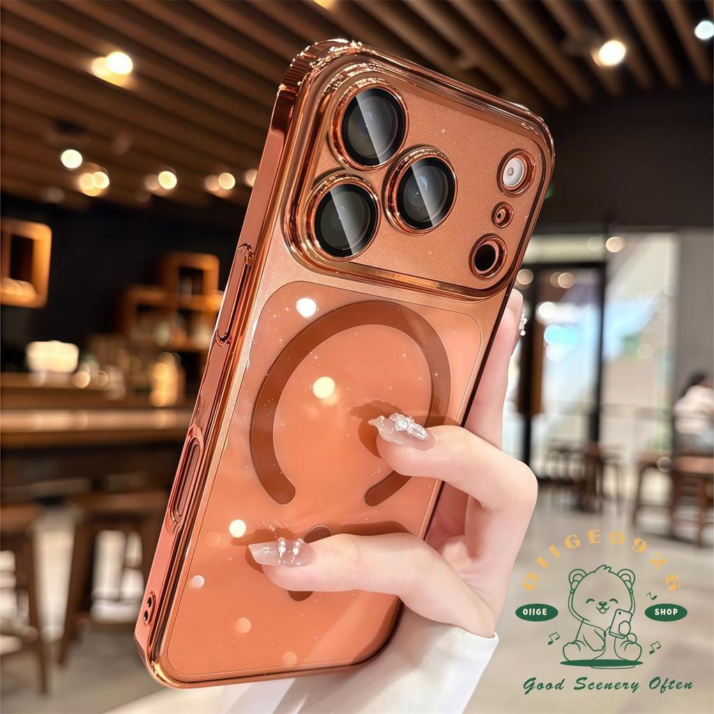 【 Ốp lưng iPhone17 】 Vỏ từ tính lấp lánh mạ màu cam iphone 17 Pro Max 16 15 14 13 12 11 cho vỏ iPhone PC Vỏ cứng chống sốc