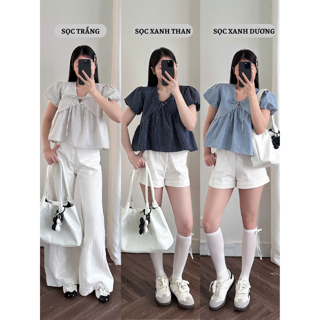 Áo Babydoll Sọc Tay Bồng Buộc Nơ – Kiểu Cổ Chữ V Thắt Nơ Form Xòe Freesize Vintage_A551
