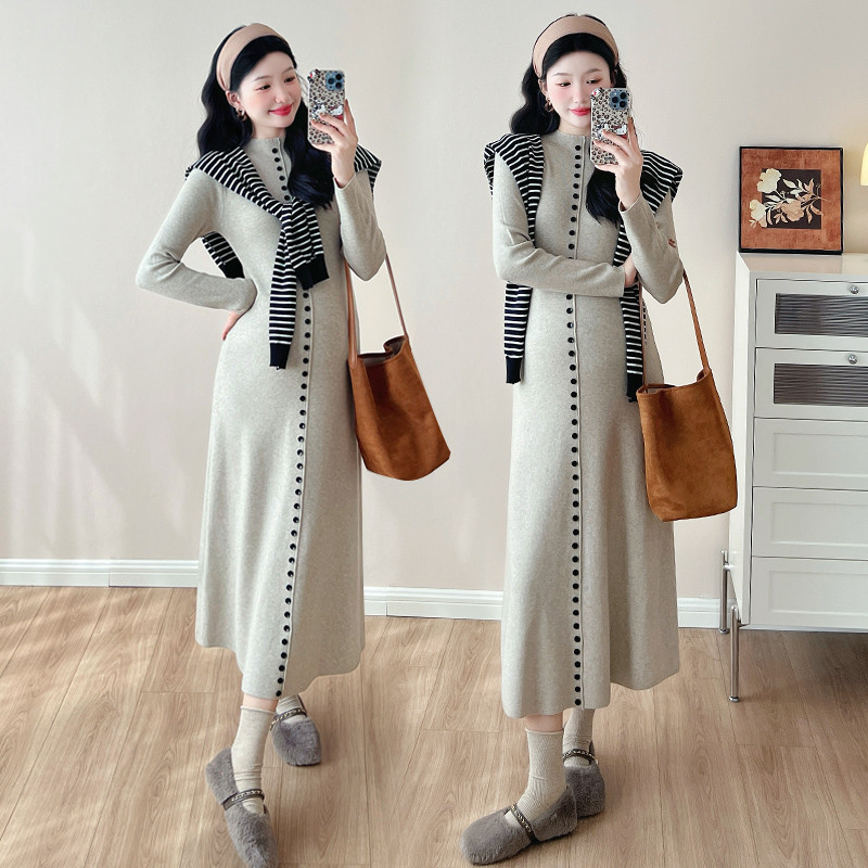 Bộ đồ bà bầu Váy dệt kim mùa thu đông + Khăn choàng hai mảnh