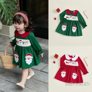 6M-5Y Bé Gái Váy Giáng Sinh Tay Dài babydoll Cổ Thêu Ông Già Noel Mùa Thu Đầm
