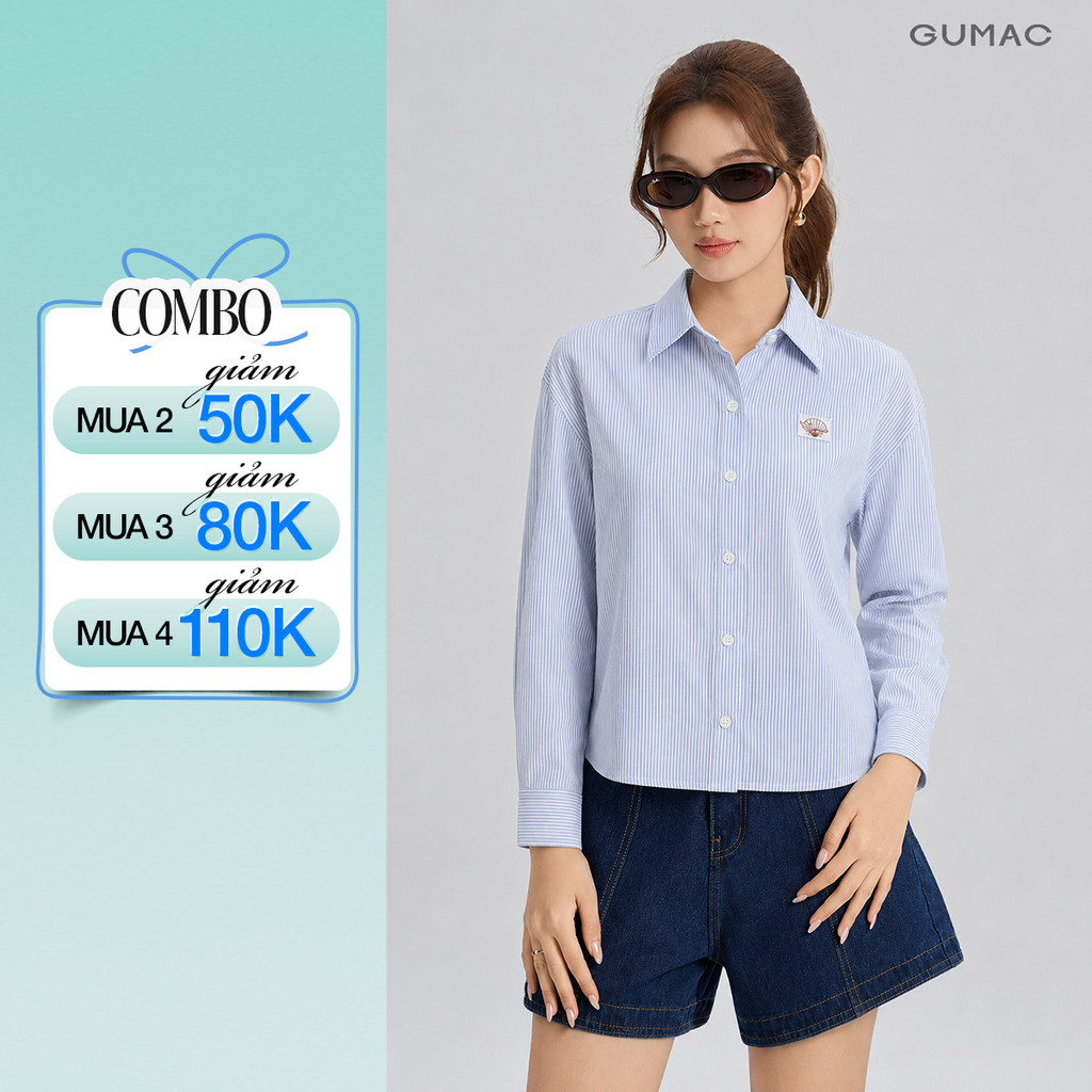 Áo Sơ Mi Nữ Gmorning - GUMAC Form Boxy Tay Dài Đường Chỉ Phối Nâu Hình Thêu Trước Ngực Thanh Lịch Nổi Bật YAG06045