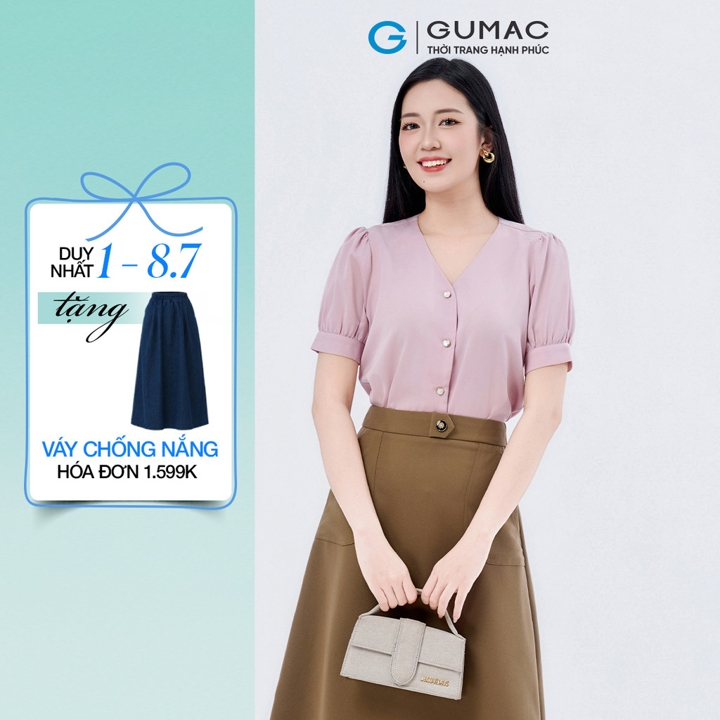 Áo sơ mi nữ GUMAC tay ngắn có nẹp tay kiểu cổ V  LAF1005