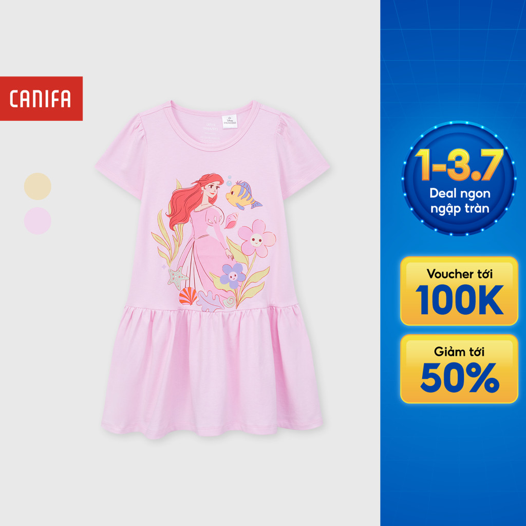 Váy liền bé gái CANIFA đầm babydoll 100% cotton cộc tay dáng xòe in họa tiết 1DS26S011