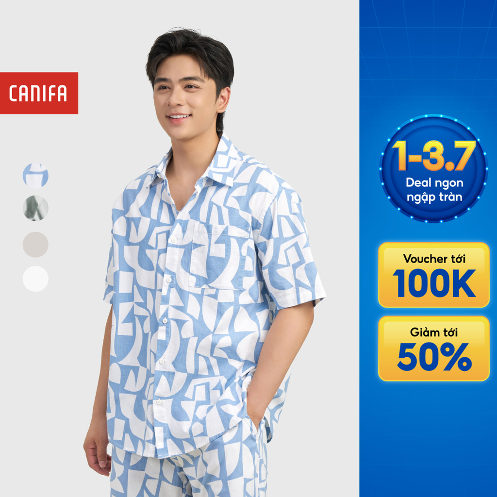 Áo sơ mi nam CANIFA 100% cotton cộc tay cổ bẻ in họa tiết mùa hè đi biển 8TH26S002
