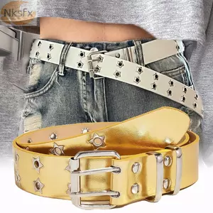 Thắt lưng đinh tán NKSFX, Punk Rock Style Star Eyelet Dây da Gothic, Dây thắt lưng khóa chốt đôi Hip Hop