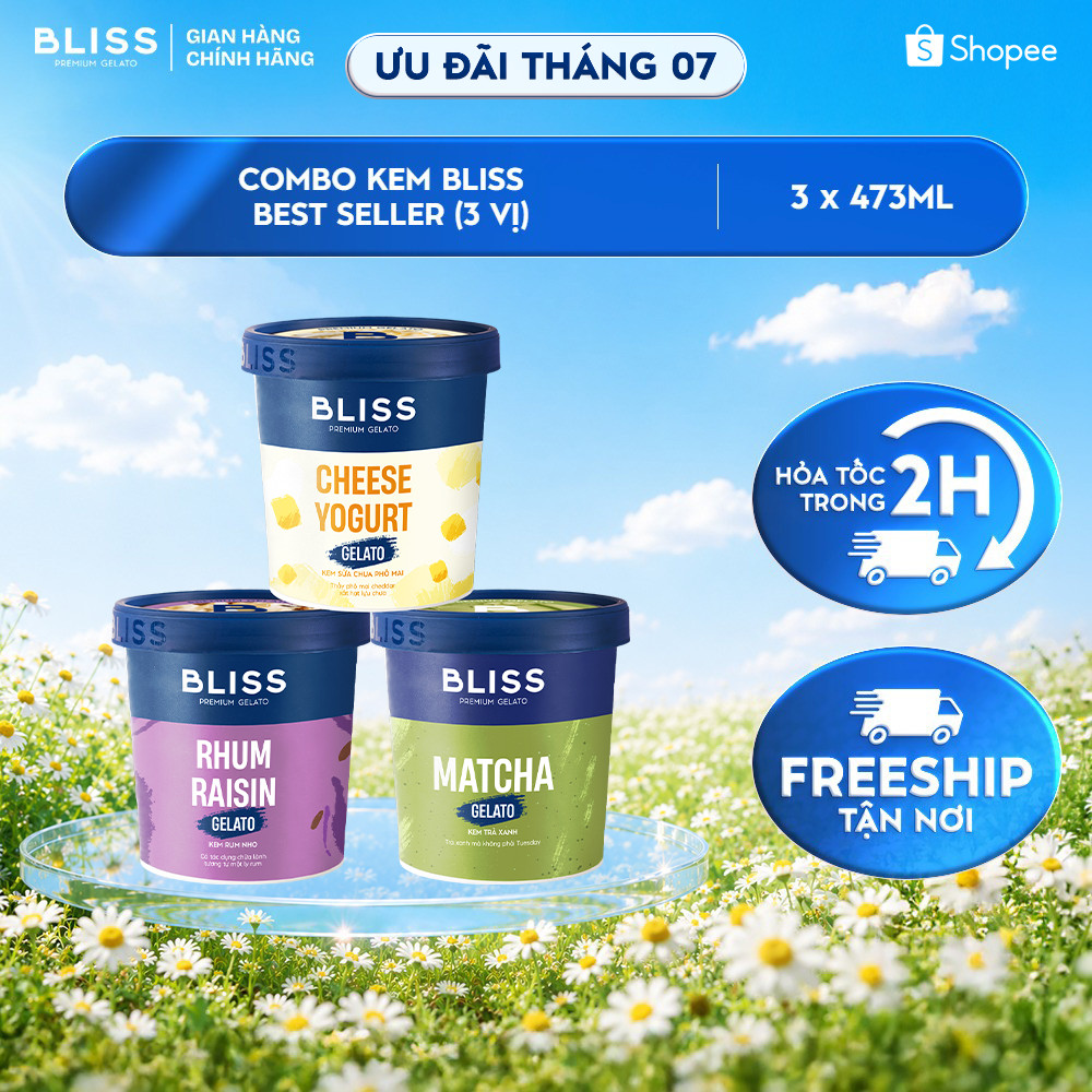 [Hỏa tốc HN/HCM] Combo kem BLISS BEST SELLER (3 hộp x 473ml): Trà Xanh, Rum Nho, Sữa Chua Phô Mai