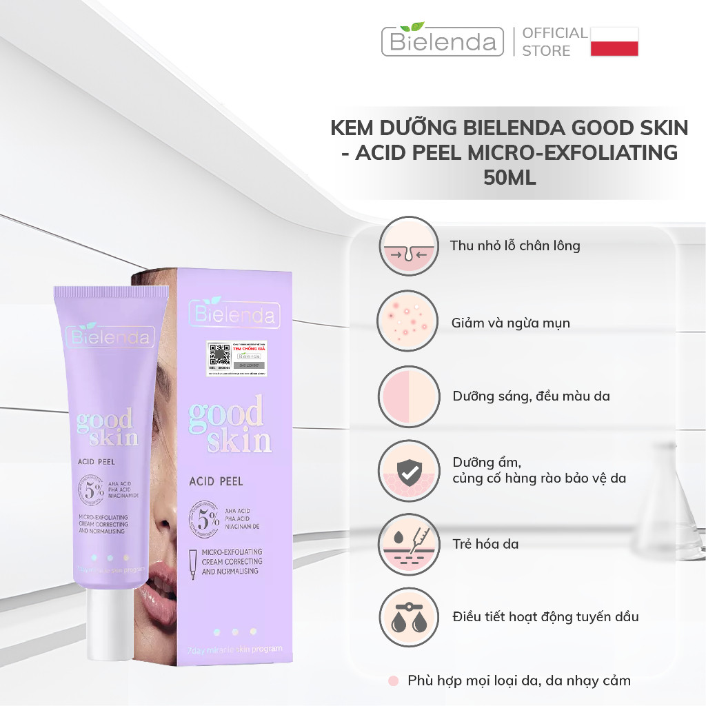 Kem dưỡng Bielenda Good Skin - Acid Peel Micro-Exfoliating giảm và ngừa mụn, mờ thâm, trẻ hoá da 50ml