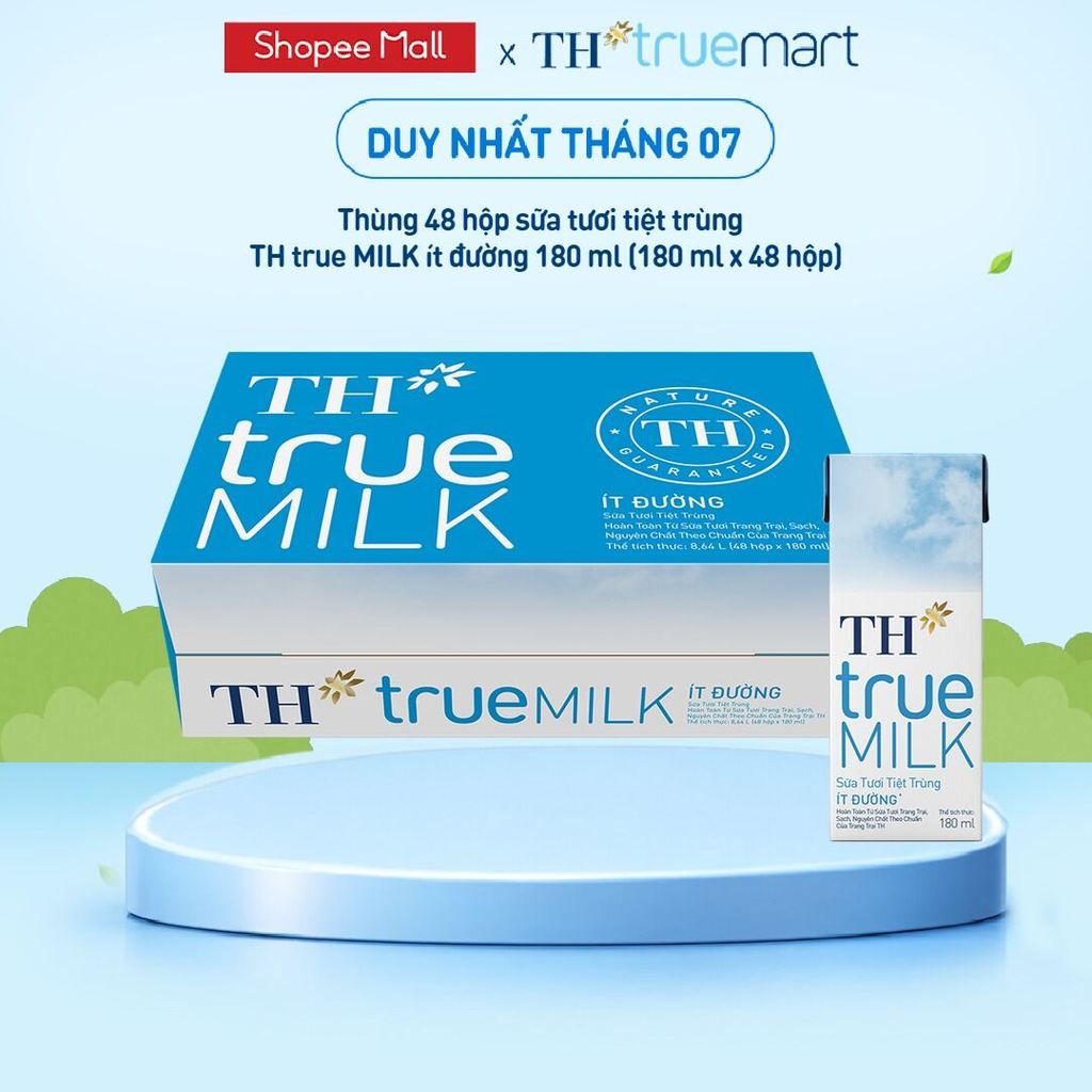 [LIVE STREAM] Thùng 48 hộp sữa tươi tiệt trùng TH true MILK ít đường 180 ml (180 ml x 48)
