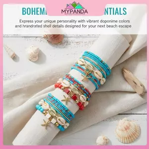 MYPANDA Boho Sao Biển Mặt Dây Chuyền Vòng Tay Bộ Hạt Cơm Nhiều Lớp Dành Cho Nữ Kỳ Nghỉ Mùa Hè Trang Sức Đại Dương.