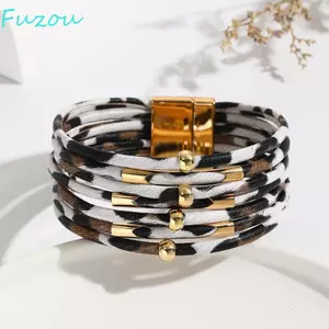Vòng tay da báo FUJIZOU, Trang sức tay phong cách Bohemian Lắc tay nhiều lớp, Vòng tay từ tính quyến rũ cổ điển phóng đại cổ điển