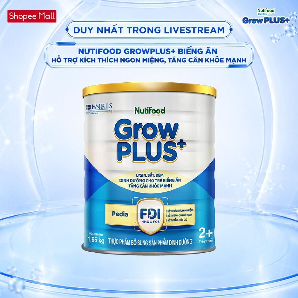 [Livestream Lucie] Sữa Bột Nutifood GrowPLUS+ Biếng Ăn (Xanh) 2+ - Tăng Cân Khỏe Mạnh (Lon 1,65 Kg)