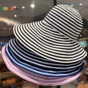 < Honeyba > Mũ lưỡi trai rộng thời trang có thể gập lại Mũ ngư dân sọc mùa hè chống gió Mũ chống tia cực tím Mũ đi biển Mũ thoáng khí Đẹp