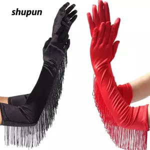 Găng tay không ngón SHUPUN Fringe, Găng tay tua rua dài cổ điển co giãn, Trang phục khiêu vũ vũ Mùa xuân thu Opera Cuộc thi nữ Găng tay dài