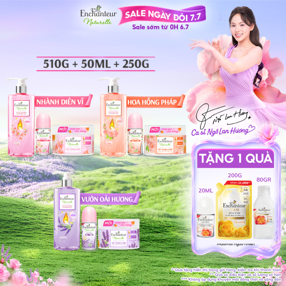 [MỚI] Bộ sản phẩm dưỡng da thiên nhiên Enchanteur Naturelle: Sữa tắm 510g, Serum lăn khử mùi 50ml, Tẩy tế bào chết 250g