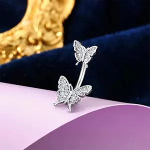 AqToCna Thép Không Gỉ Đôi Đầu Bướm Zircon Xuyên Bụng Giả Nút Nhẫn Trang Sức Cơ Thể Cho Nữ Đồ Trang Trí AqToCna