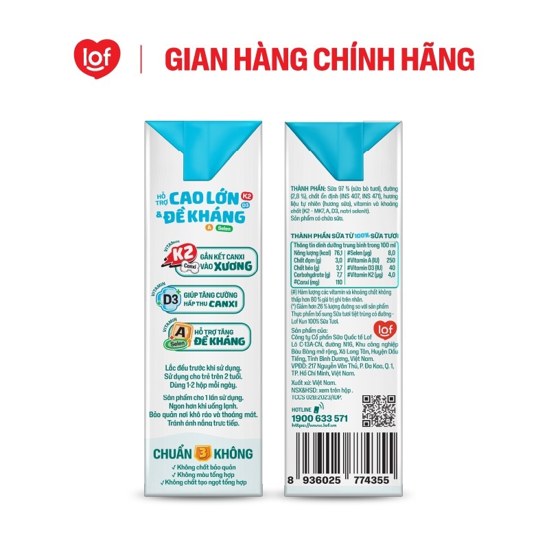 100% sữa tươi KUN ít đường thùng 48 hộp x 180ml