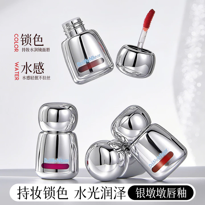 DaiMenBear Silver Dingdun Lip Gloss - Son bóng dạng gương chống nước, phát sáng và sáng bóng, Son bóng thạch thủy tinh chống nước