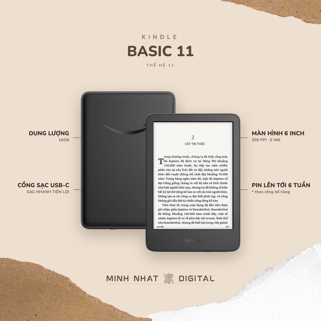 Máy đọc sách Kindle Basic 11 (Tặng bao da hoặc ốp lưng) 6 inch đèn nền USB-C – 11th Gen