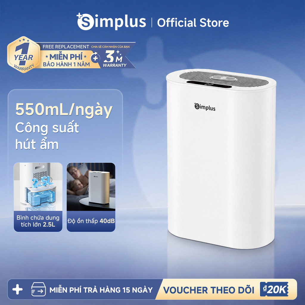 Simplus Máy hút ẩm, Bình chứa lớn 2.5L Độ ồn thấp 48dB Hiệu suất năng lượng cực cao CUSH007