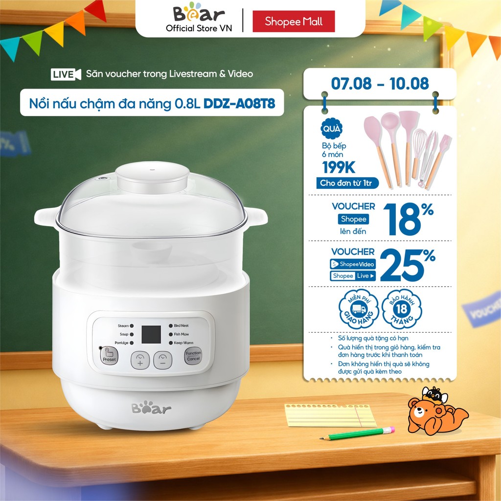 Nồi Nấu Chậm 0,8L Bear Nồi Nấu Cháo Chậm Nồi Chưng Yến Cách Thuỷ Nồi Nấu Cháo Cho Bé (Tiếng Việt)
