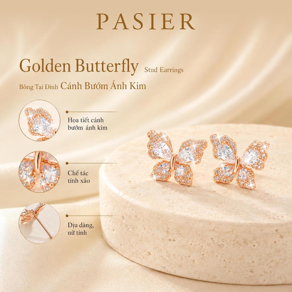 Bông tai bướm nữ phong cách Hàn Quốc PASIER, bông tai nhỏ xinh xắn để đi làm, hẹn hò và tiệc tùng, đi kèm hộp