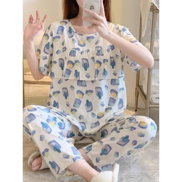 đồ ngủ nữ đồ bộ nữ đồ mặc nhà Đồ ngủ đồ ngủ lụa cotton mẫu mỏng mùa hè cho nữ bộ đồ hai chiếc ngắn tay bằng lụa cotton nguyên chất đồ mặc ở nhà thường ngày học sinh tươi trẻ