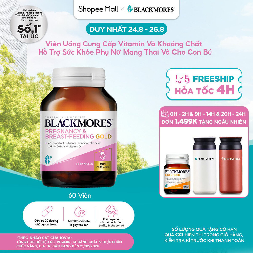 Vitamin Tổng Hợp Cho Bà Bầu và Mẹ Cho Con Bú Blackmores Pregnancy & Breast-Feeding Gold Lọ 60 Viên