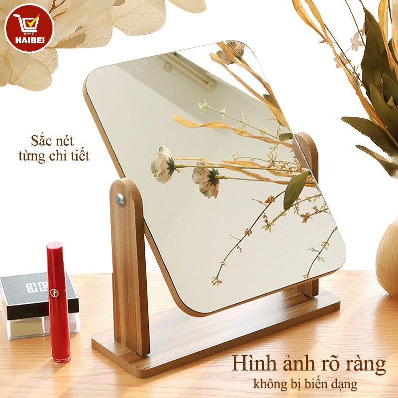 Gương trang điểm bằng gỗ, gương trang điểm để bàn, thiết kế đơn giản và dễ mang theo, có thể xoay.