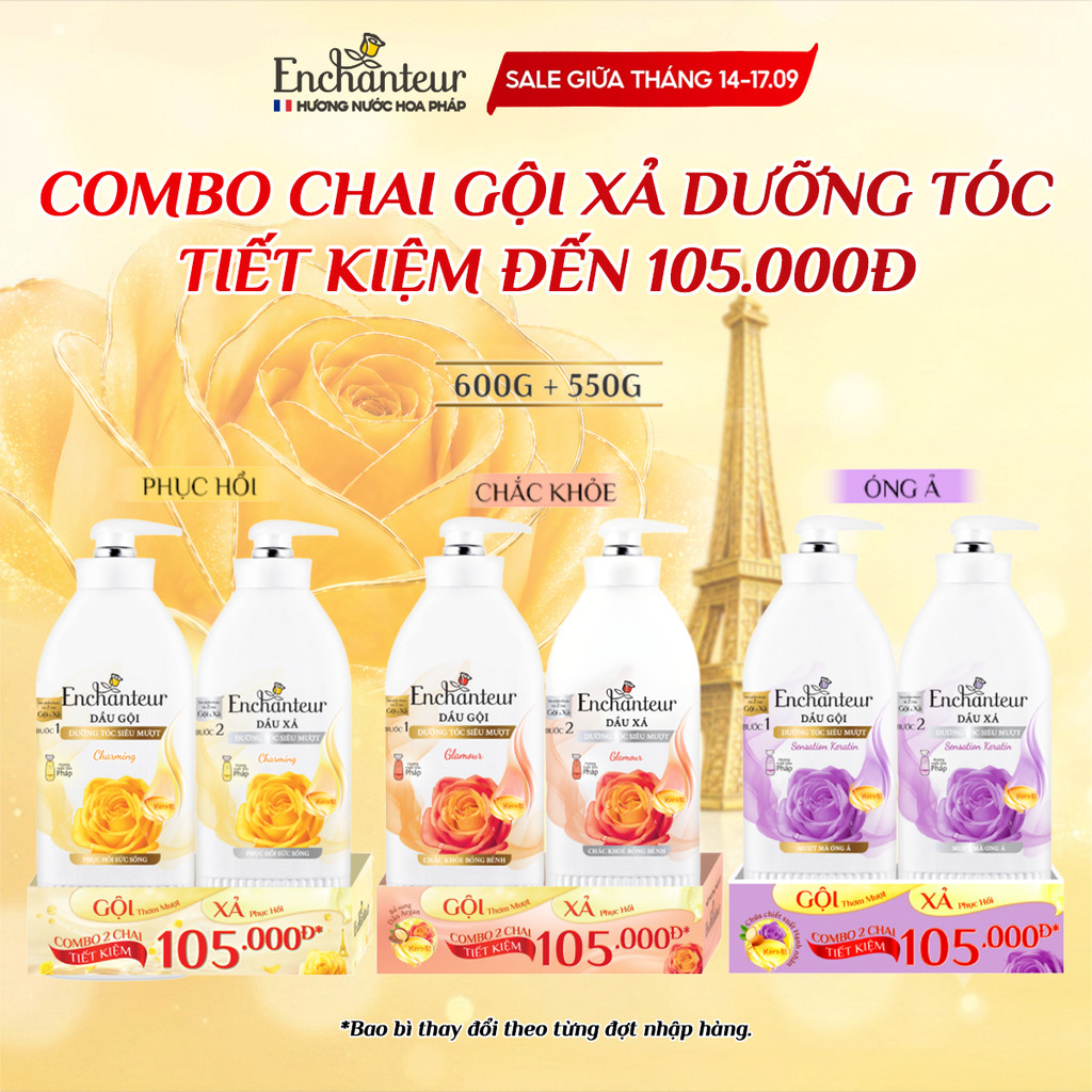 [GIÁ DÙNG THỬ] Combo Dầu gội Enchanteur dưỡng tóc mượt thơm lâu 600g và Dầu xả Phục Hồi Sức Sống 550g