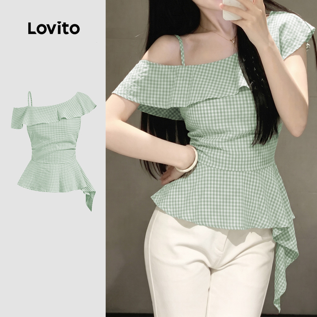 Lovito Áo kiểu nữ xanh lá nhạt thời trang xuân hè xếp nếp bất đối xứng thanh lịch LK7ED1339
