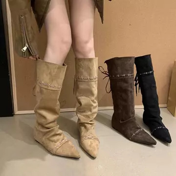 Châu Âu Mỹ Plus Size Nữ Giày Bốt Dài Thời Trang Nữ Melade Boots Punk Nữ Xếp Ly Hai Cánh Tây Cao Bồi Cọc Boots
