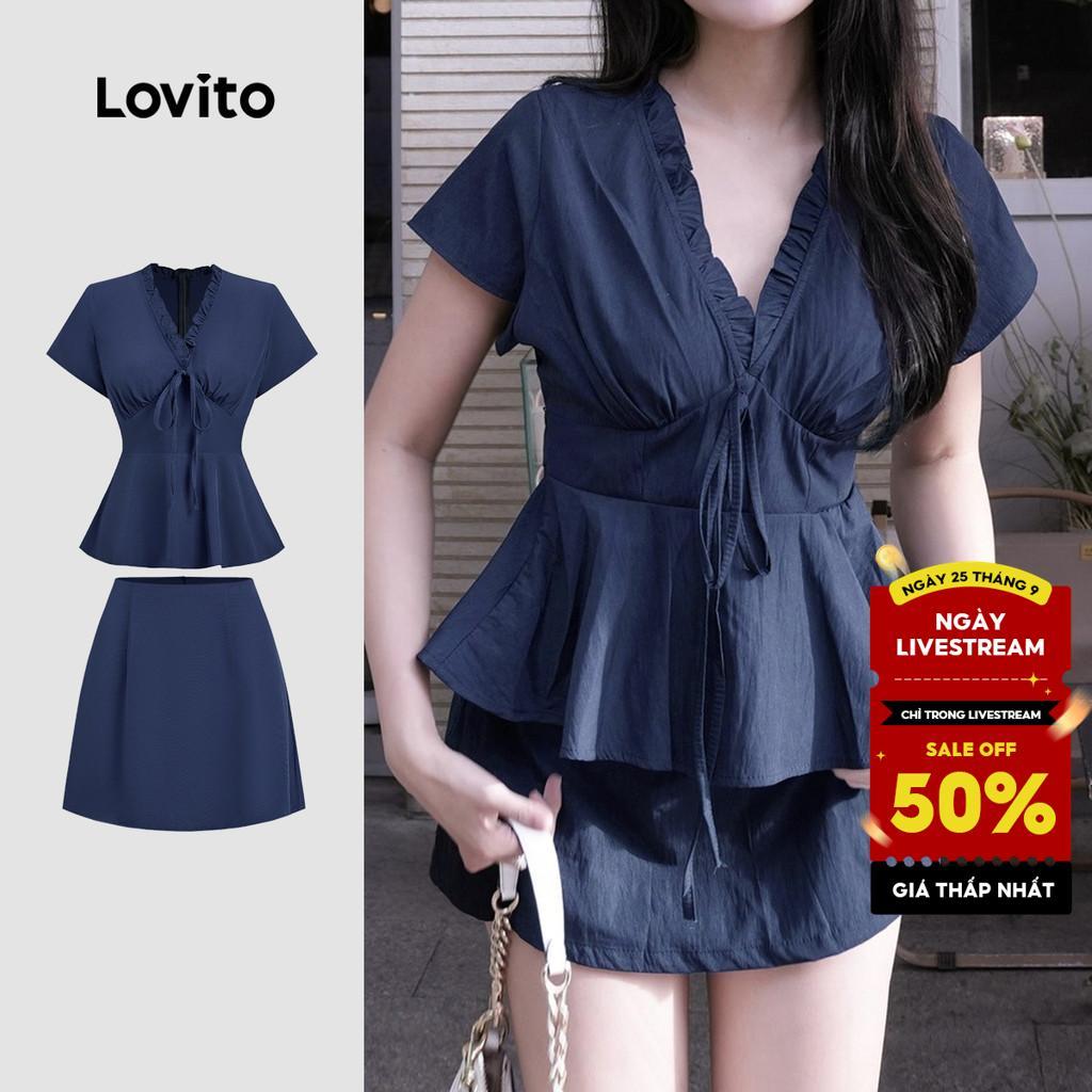 Lovito Phong cách thường ngày Áo Hoặc Quần Kiểu Dáng Cổ Điển Và Đa Năng Có Bèo Nhún Thích Hợp Cho Mùa Xuân/hè Áo Hoặc Quần Màu Xanh Dương Dành Cho Nữ L154ED326