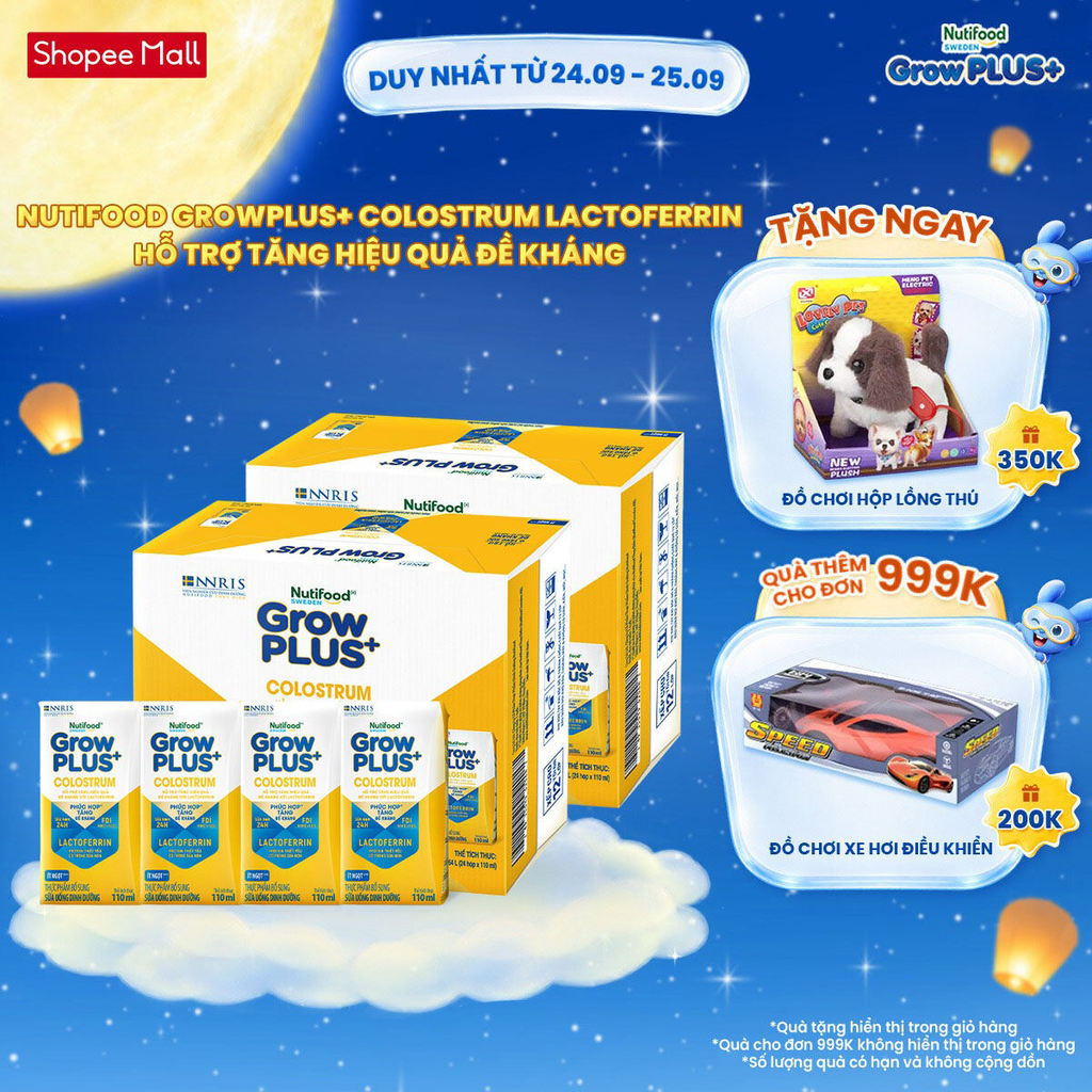Combo 2 Thùng 24 hộp Sữa bột pha sẵn Nutifood Sweden GrowPLUS+ Colostrum Lactoferrin 110ml