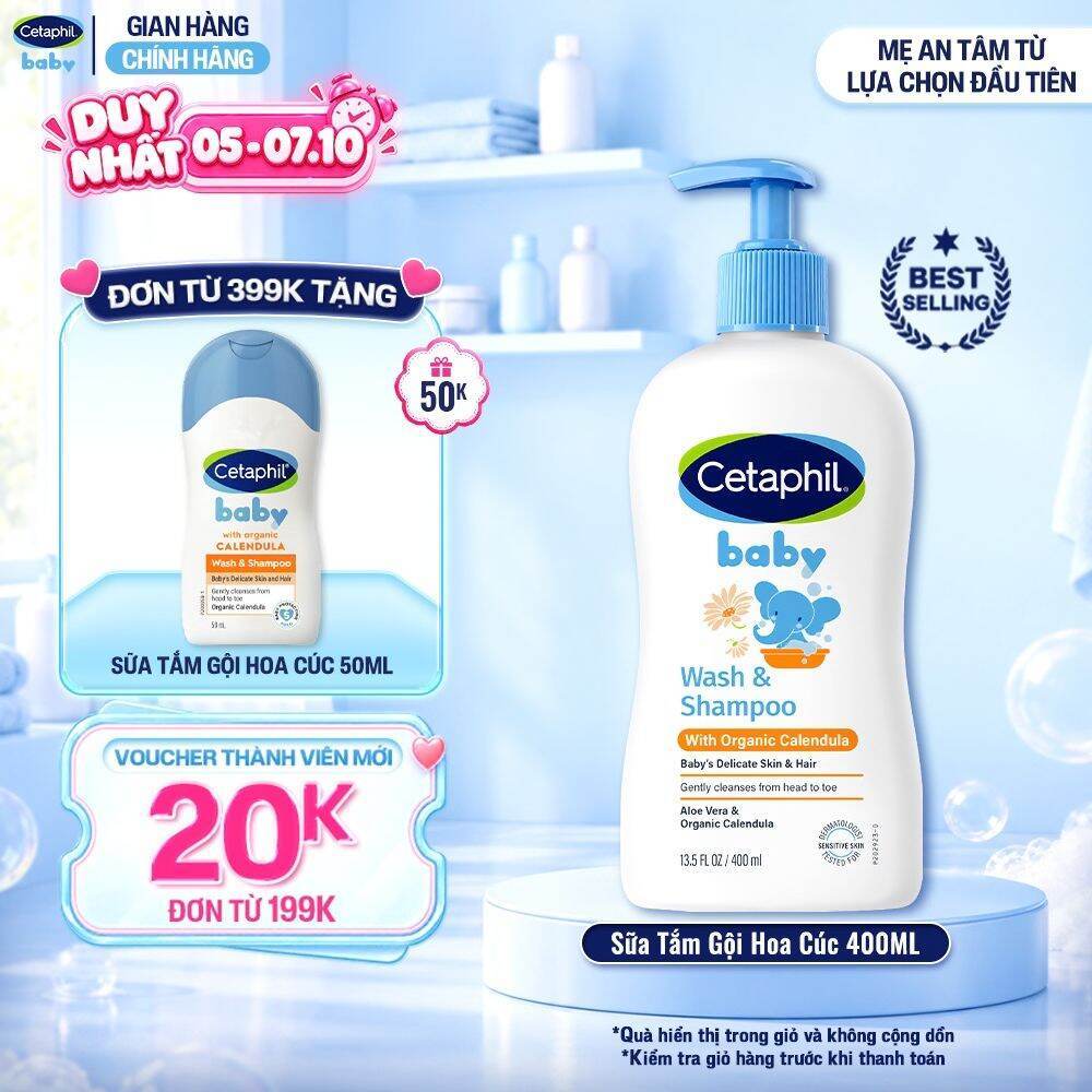 Sữa tắm gội dưỡng ẩm dịu lành cho bé với Calendula hoa cúc hữu cơ CETAPHIL BABY W&SHAMPOO CALENDULA 400ML