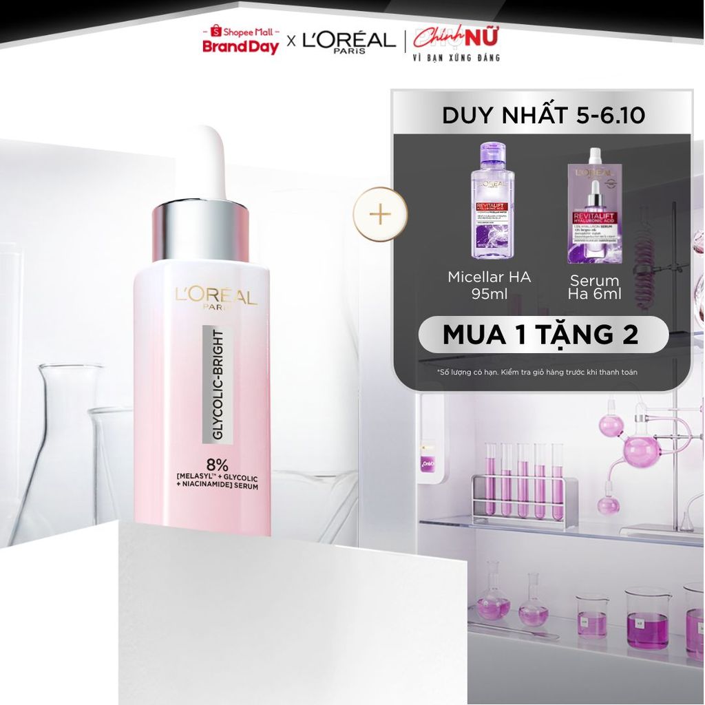 Serum Glycolic Melasyl 8% [Melasyl+Glycolic+Niacinamide] dưỡng sáng da, mờ thâm mụn & nám Loreal Paris 30ml