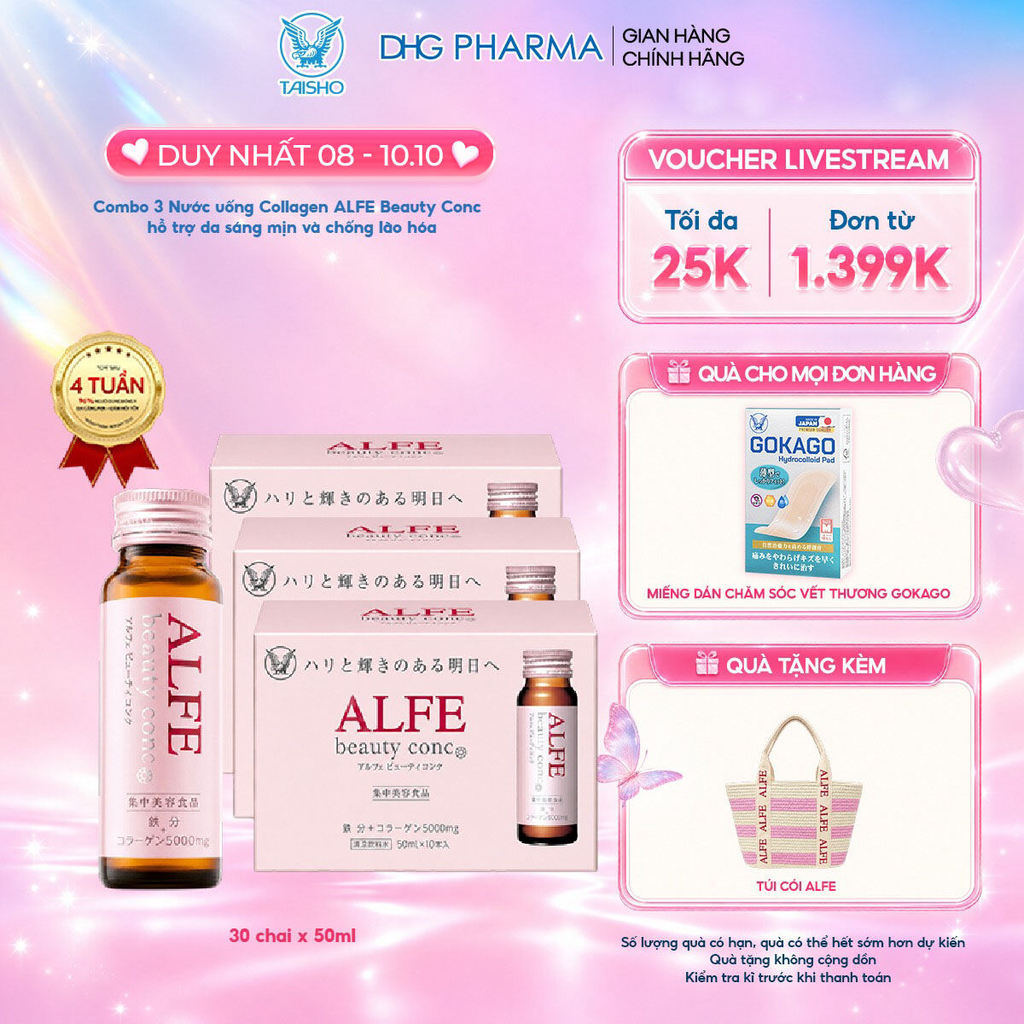 (DEAL ĐỘC QUYỀN) Combo 3 Nước uống Collagen Alfe Beauty Conc hỗ trợ da sáng mịn và chống lão hóa - Hộp 10 chai x 50ml