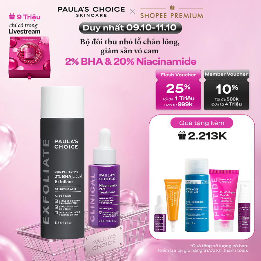 Bộ đôi thu nhỏ lỗ chân lông Paula's Choice Clinical Niacinamide 20% , Skin Perfecting 2% BHA Liquid Mã 8030-2010