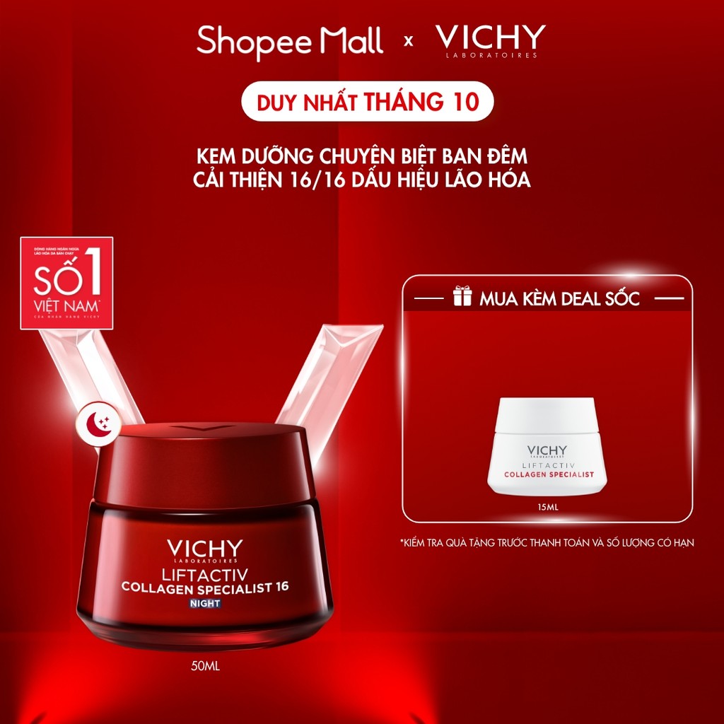 Kem dưỡng đêm Vichy Collagen 16 giúp trẻ hóa da, ngăn ngừa và giảm nếp nhăn, làm sáng da, giúp da căng đầy 50ml