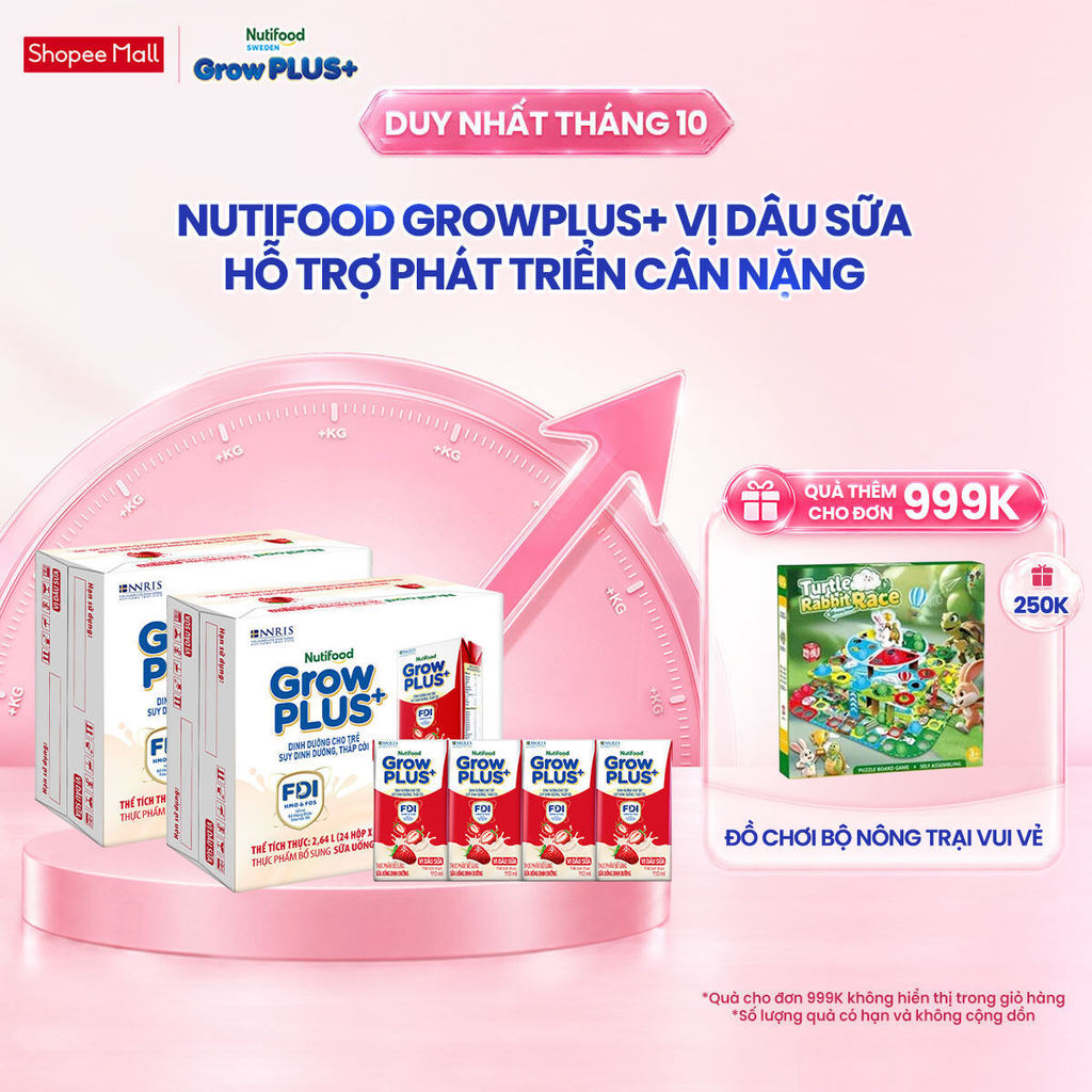 Combo 2 Thùng 24 hộp Sữa bột pha sẵn Nutifood GrowPLUS+ Vị Dâu Sữa hộp 110ml - Trên 1 tuổi