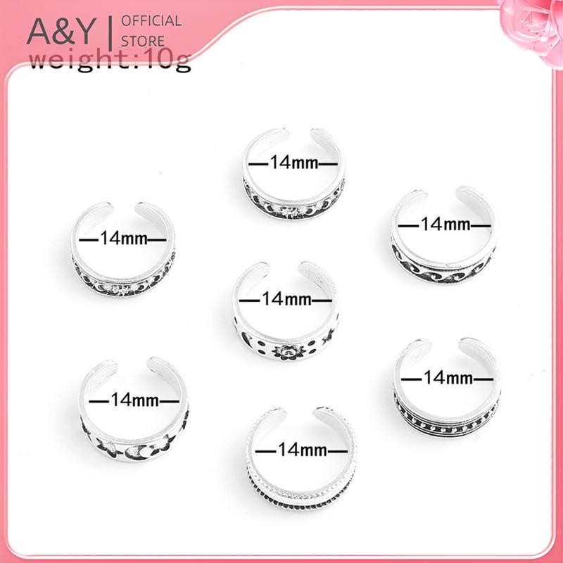 A & Y 7 Chiếc Vintage Rỗng Khắc Sao Mặt Trăng Ngón Chân Bộ Dụng Cụ Nhẫn Mở Ngón Tay Có Thể Điều Chỉnh.