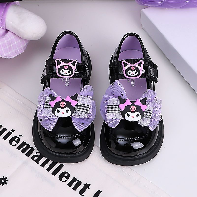 Giày Da Bé Gái Kuromi Xuân Thu Phong Cách Mới Trẻ Em Nơ Giày Công Chúa Bé Gái Đế Mềm Gothic Giày