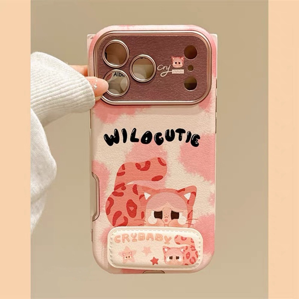 Màu Hồng Da Báo Khóc Gấp Giá Đỡ Da Ốp Lưng Điện Thoại Cho iPhone 17 Pro Max 17 Air 16 Plus 15 14 13 Vỏ Bảo Vệ Chống Sốc