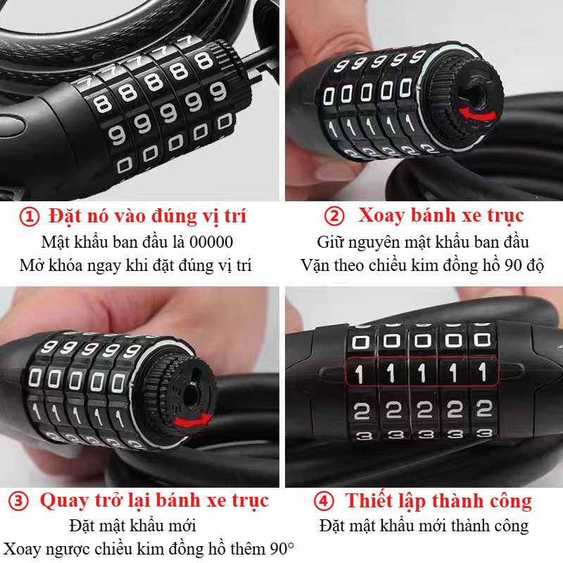 Khóa dây xe đạp xe máy chống trộm, khóa mật mã 4-5 số an toàn, chống rỉ sét tiện lợi ngoài trời
