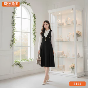 Đầm thiết kế BEMINE cổ sơ mi tay dài phối tơ dáng chữ A phù hợp đi làm-B154