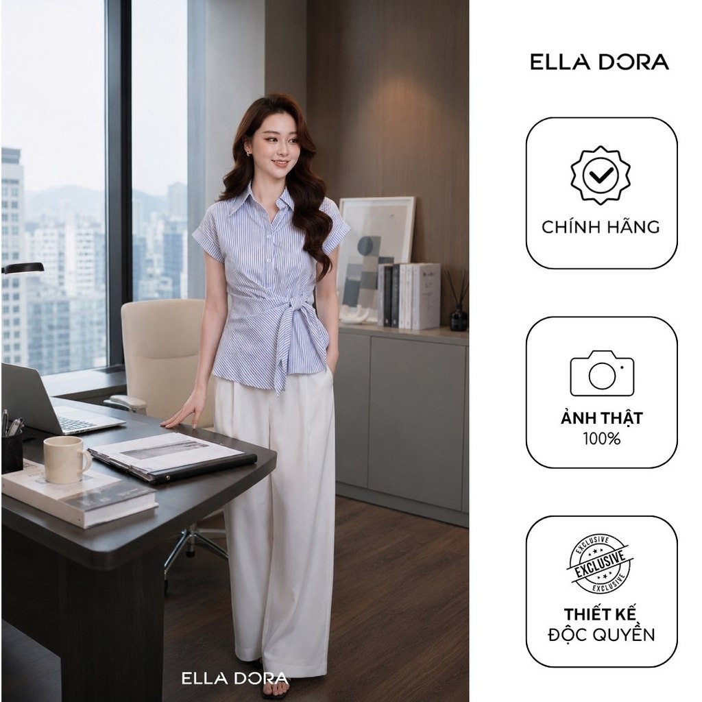 Áo sơ mi nữ ELLA DORA thắt nơ eo tạo dáng tay ngắn form gọn thanh lịch 2 màu TRẮNG/XANH [SM161]