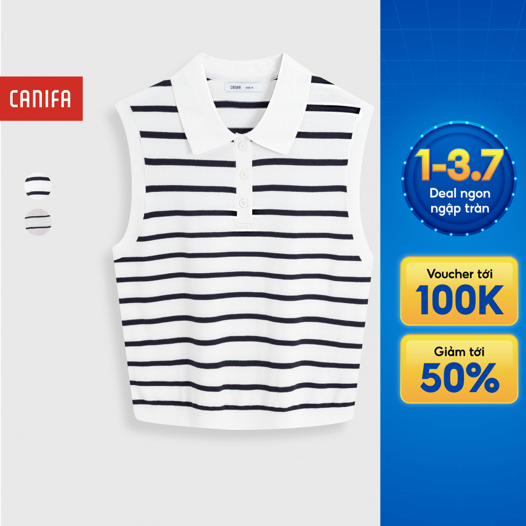 Áo len polo nữ CANIFA cổ bẻ không tay họa tiết kẻ 6TE26S002